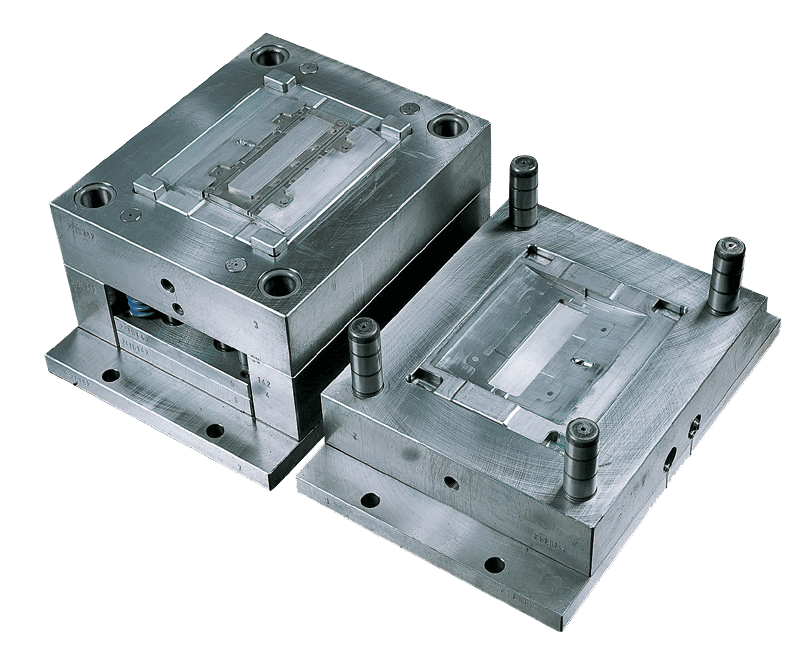 Open two-part injection mold showing the cavity half and the core half with guide pillars