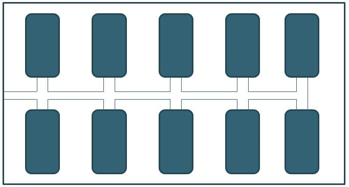 Schematic of a ten-cavity mold layout with a central runner feeding two rows of five cavities